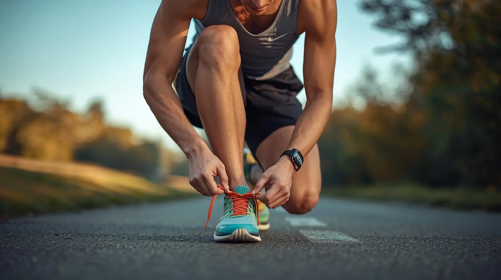 Corredor ajusta sapatilhas de corrida, para testar o conforto e a funcionalidade do calçado para Meia Maratona.