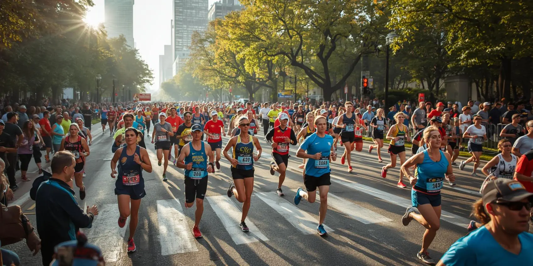 Windy City Marathon runners racing through Grant Park in Chicago surrounded by cheering crowds.