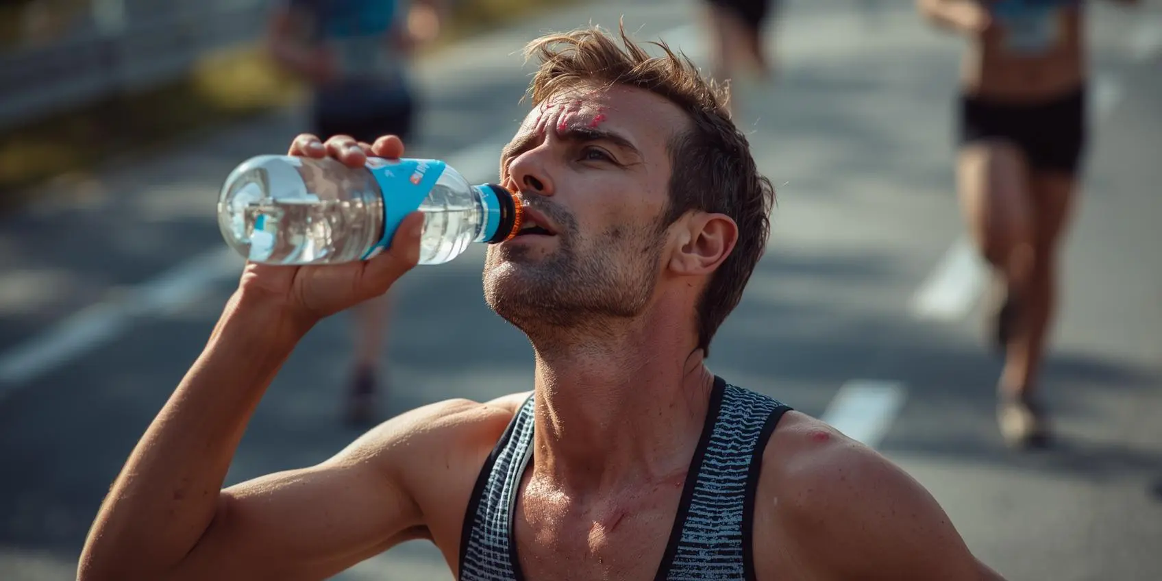 Runner hydrating and drinking water after completing the Windy City Marathon.