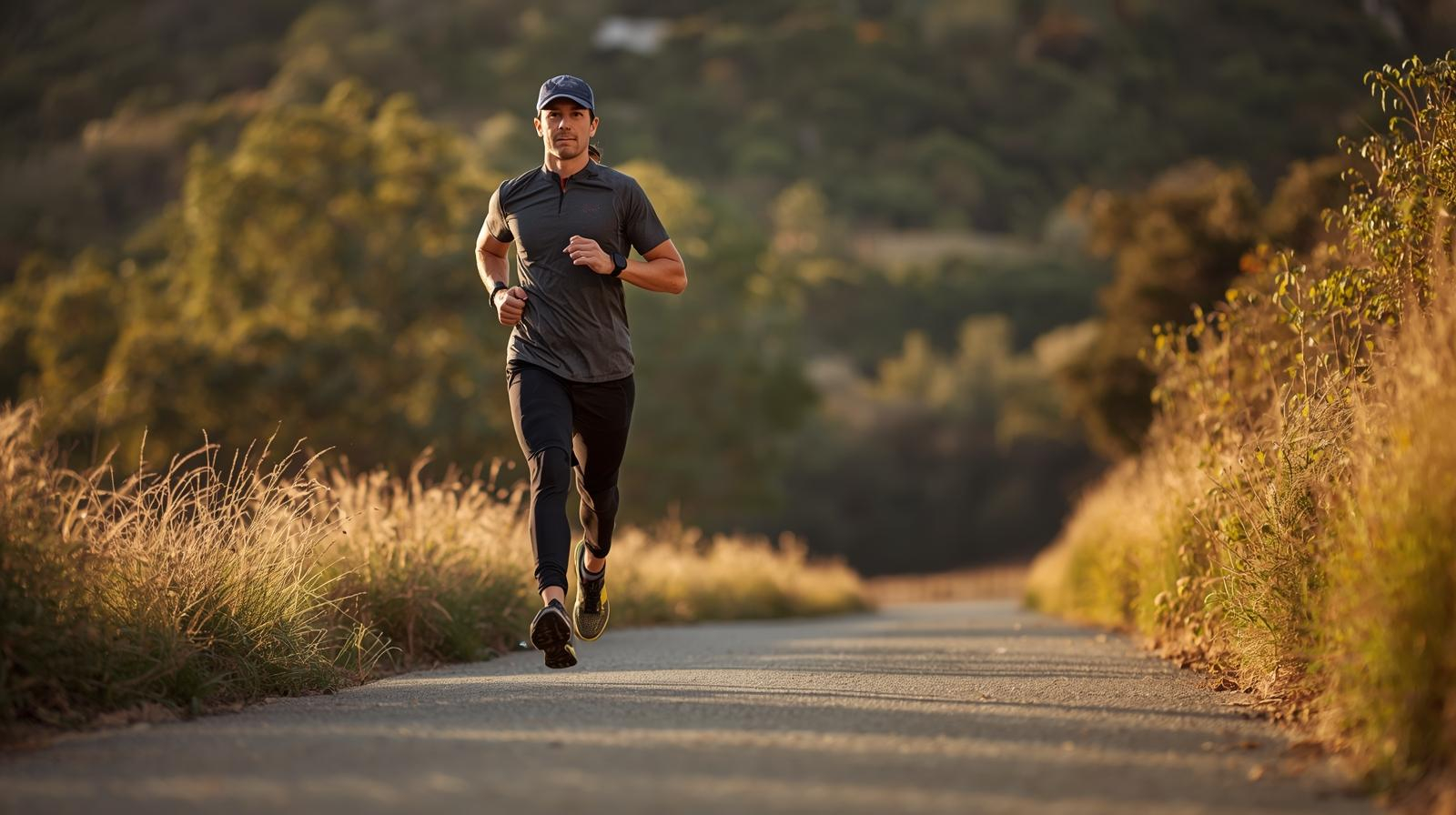 Corredor iniciante corre ao ar livre, preparando-se para competir numa Meia Maratona.