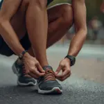 Close-up de corredor a ajustar as sapatilhas, para treinar para uma Meia Maratona.