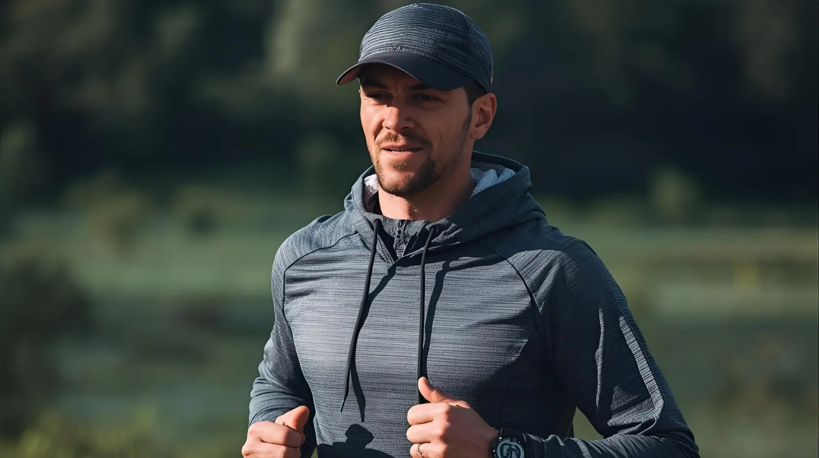 Male close-up with a black and gray running hat.