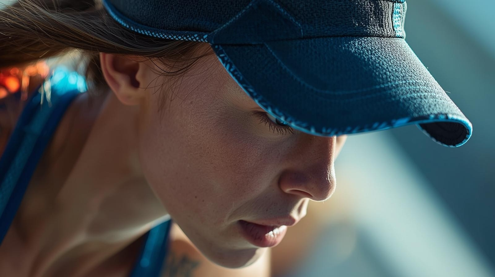 Female close-up with a blue running hat.