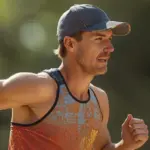 Runner wearing a blue running hat during outdoor training.