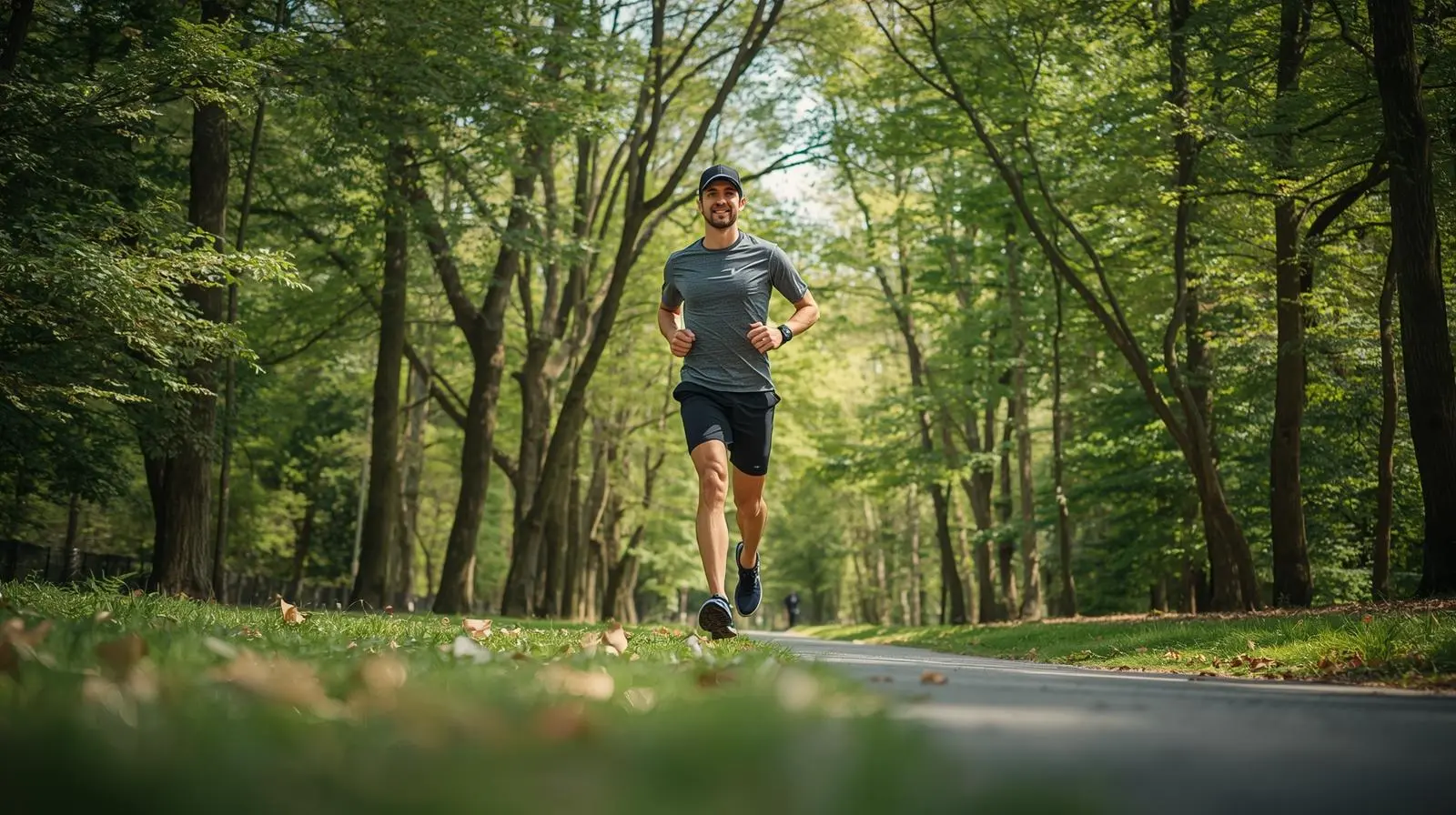 Male running at the park with a running hat.