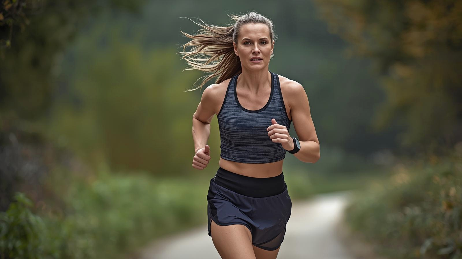 Mulher segue plano de treino para correr meia maratona ao ar livre.