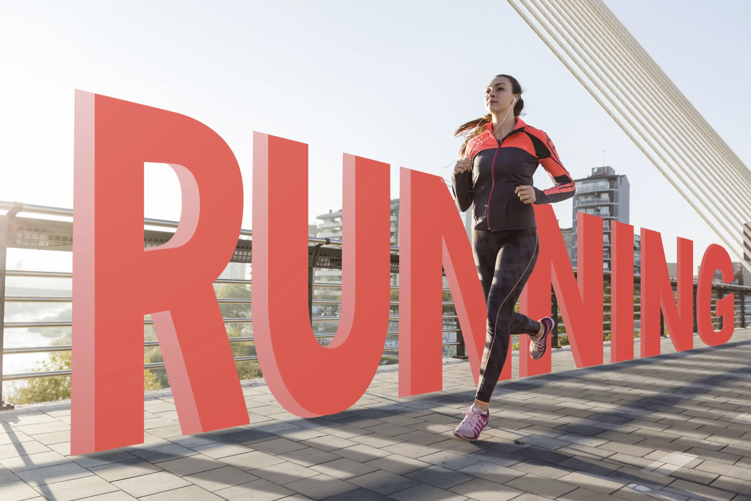 A woman running on a city bridge with large red 3D "RUNNING" letters in the background.