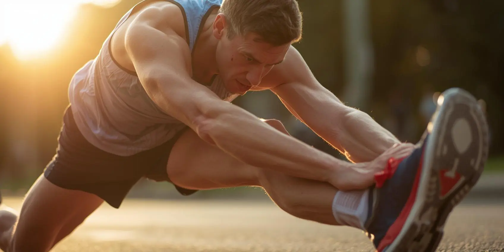 Athlete stretching leg muscles after finishing a marathon race.