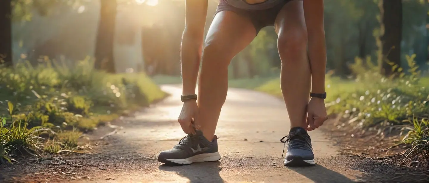 Beginner runner tying their shoes on a park path early in the morning preparing for a training run
