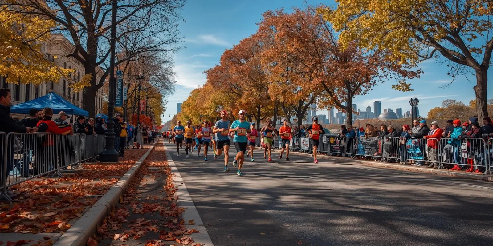 Windy City Marathon runners on a tree-lined Chicago street during autumn.