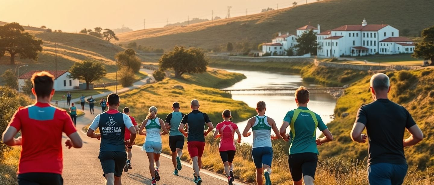 Maratonistas a correr, com uma paisagem típica de Portugal