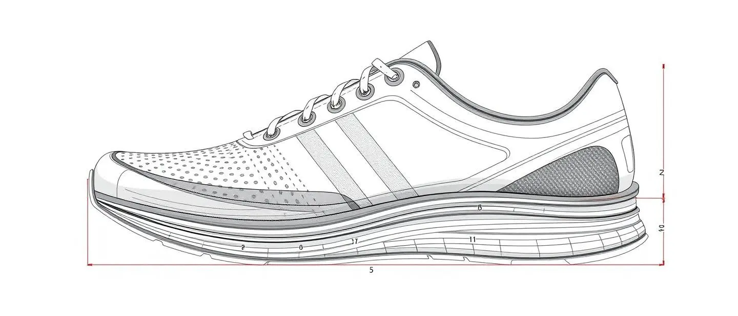 desenho técnico de uma sapatilha feito no computador, com divisão em camadas