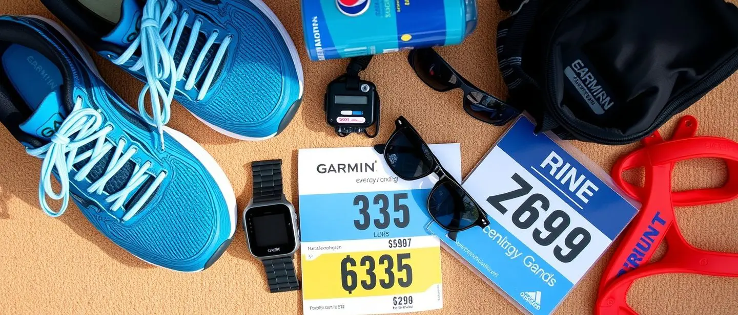 Flat lay of essential running gear running shoes Garmin watch water bottle sunglasses energy gel