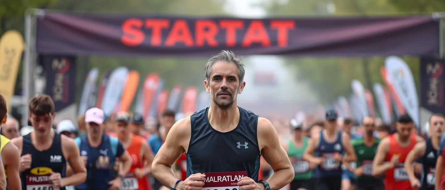Focused runner in a crowd at the start line of a marathon ready to start the race
