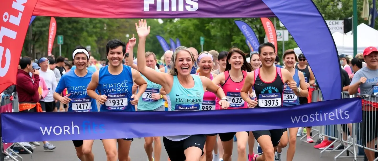 Group of happy runners crossing the half marathon finish line celebrating with smiles