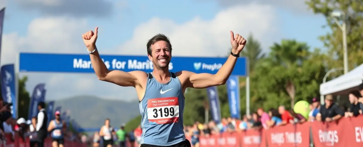 Homem a terminar prova de maratona e a cortar a meta