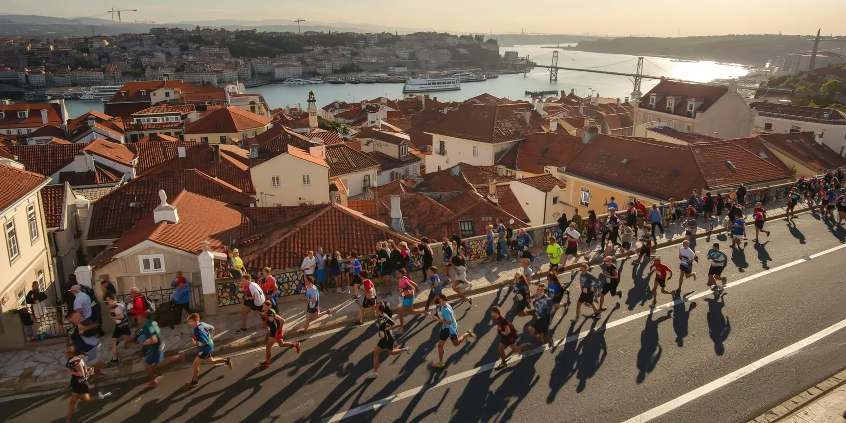 Marathon runners crossing Lisbon’s hills with Tagus River views during the Lisbon Marathon.