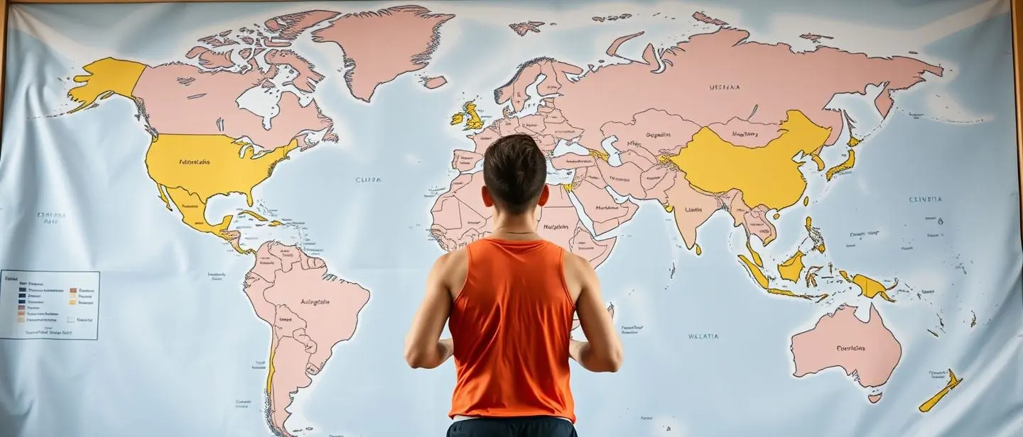 maratonista a olhar para um mapa terrestre mundial