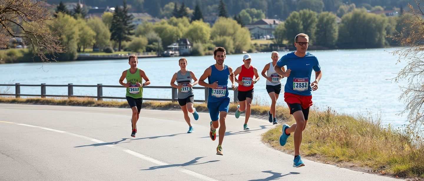 maratonistas a correr uma meia maratona em pista de estrada com uma vista rio