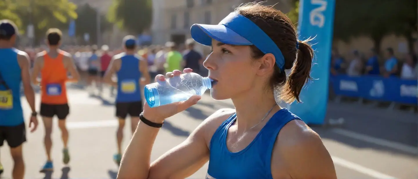 Runner at a hydration station during a marathon drinking water