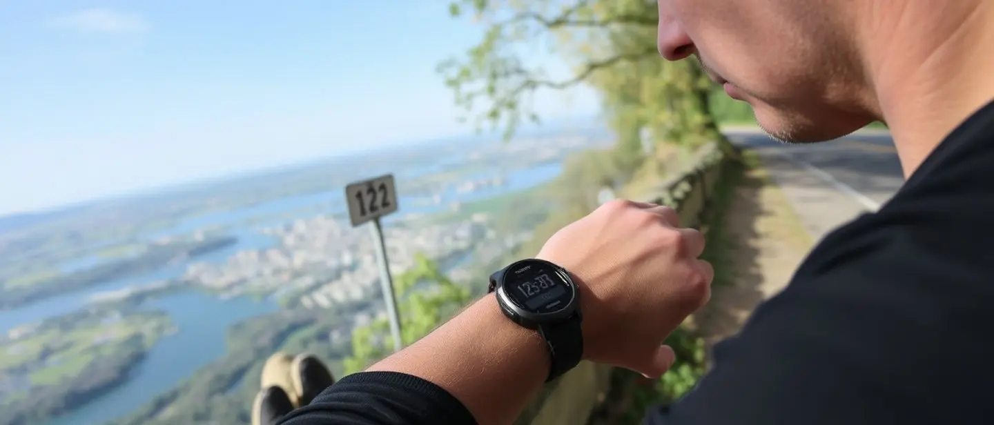 Runner checking their Garmin watch for pace during a scenic half marathon race with mile markers