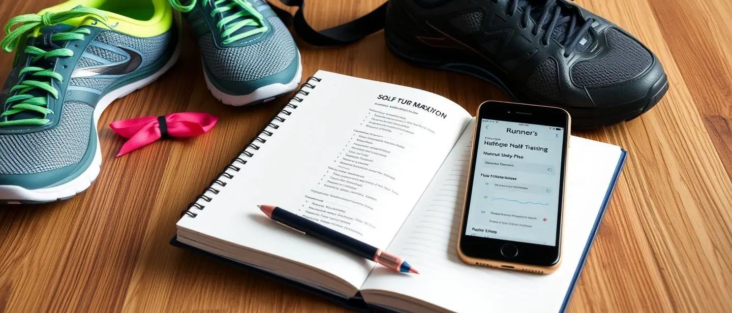 Runners notebook or digital app with a detailed half marathon training plan open sports gear in the background