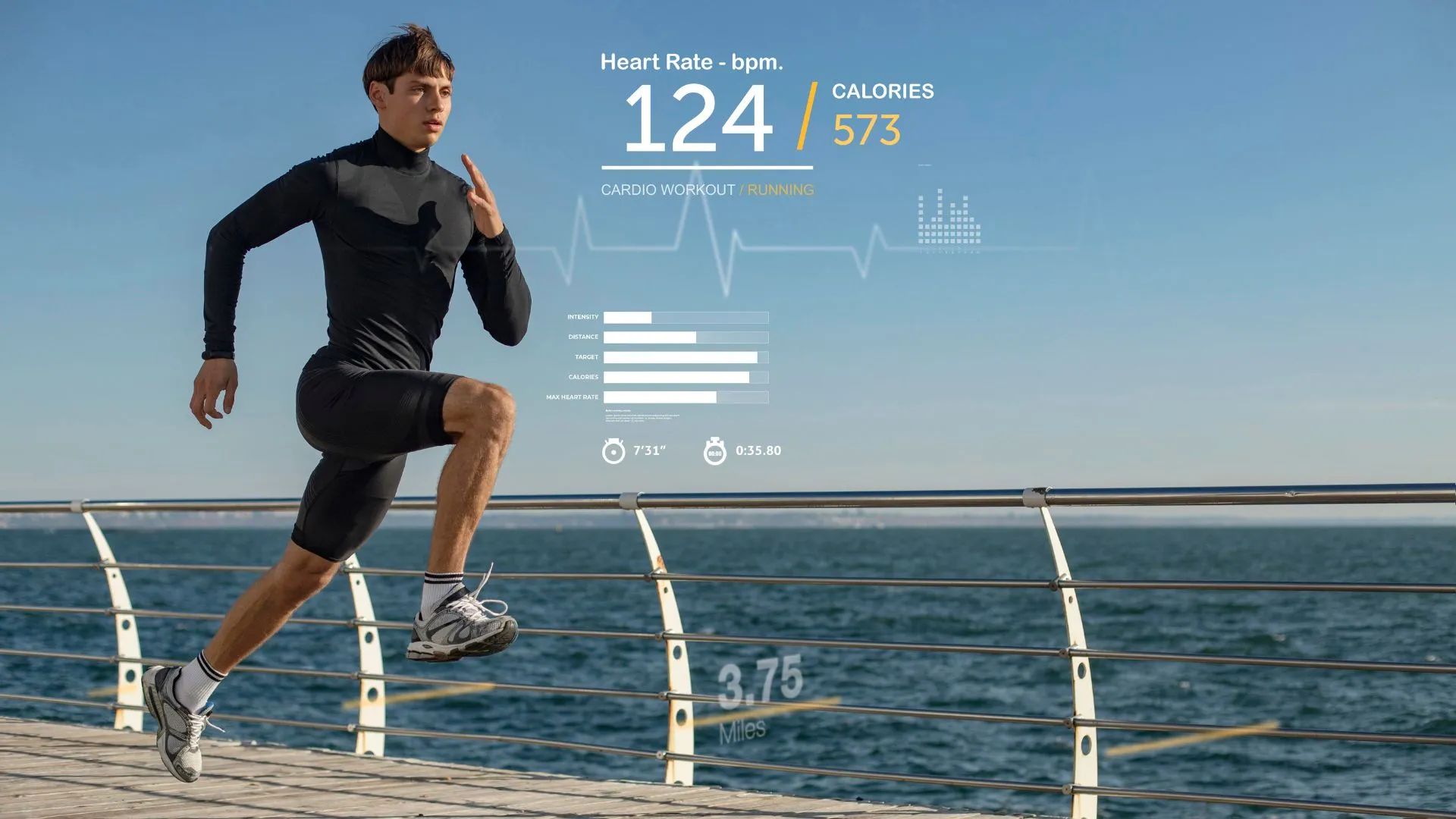 A runner in action featuring digital data to track workout intensity.