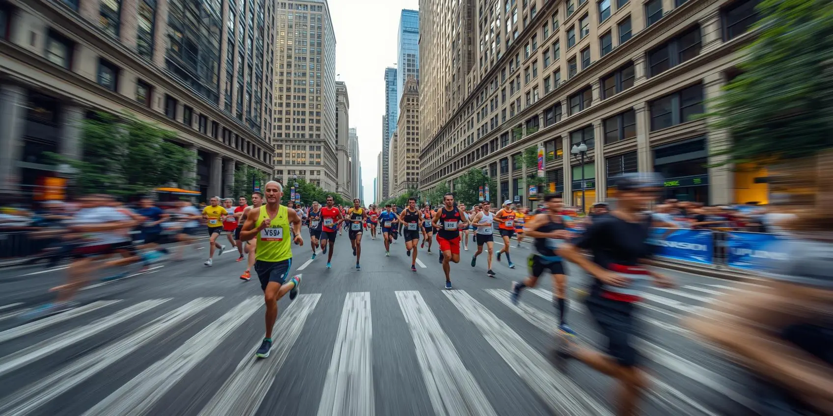 Runners speeding through downtown Chicago during the Windy City Marathon.